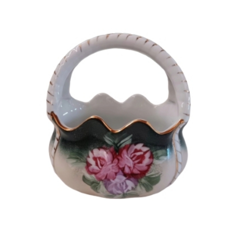 Vintage Formalities Porcelain Floral Basket | Handpainted | 10KT Gold Trim | EUC